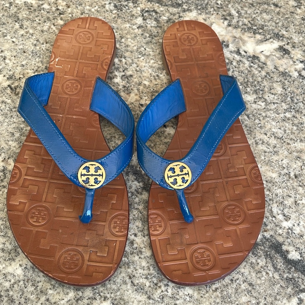 Tory Burch Blue Sandals with Gold Medallion